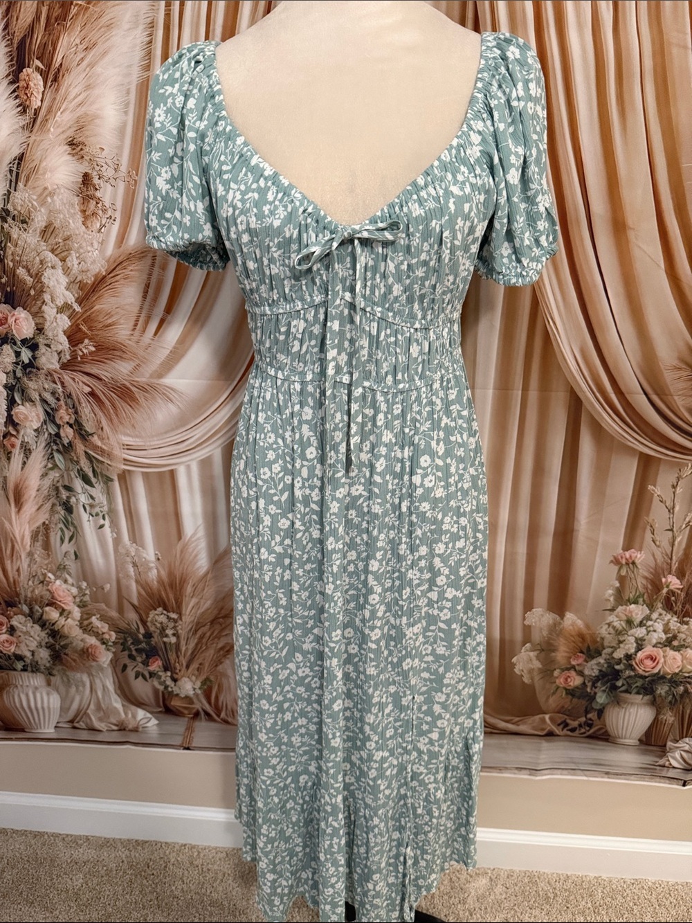Blush Mint Green Floral Maxi Dress with Puff Sleeves